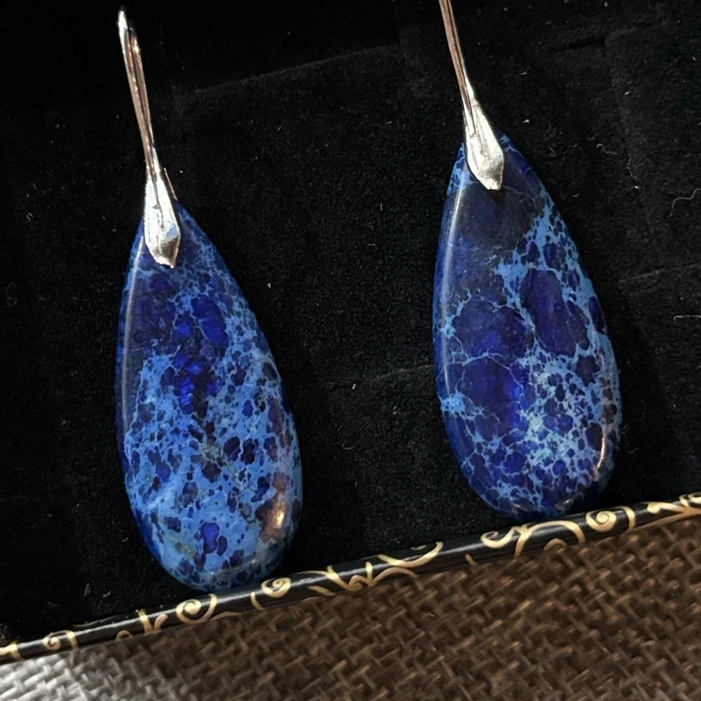 Blue Jasper Natural Gemstone Pendant Teardrop Earrings Silver Handmade Healing